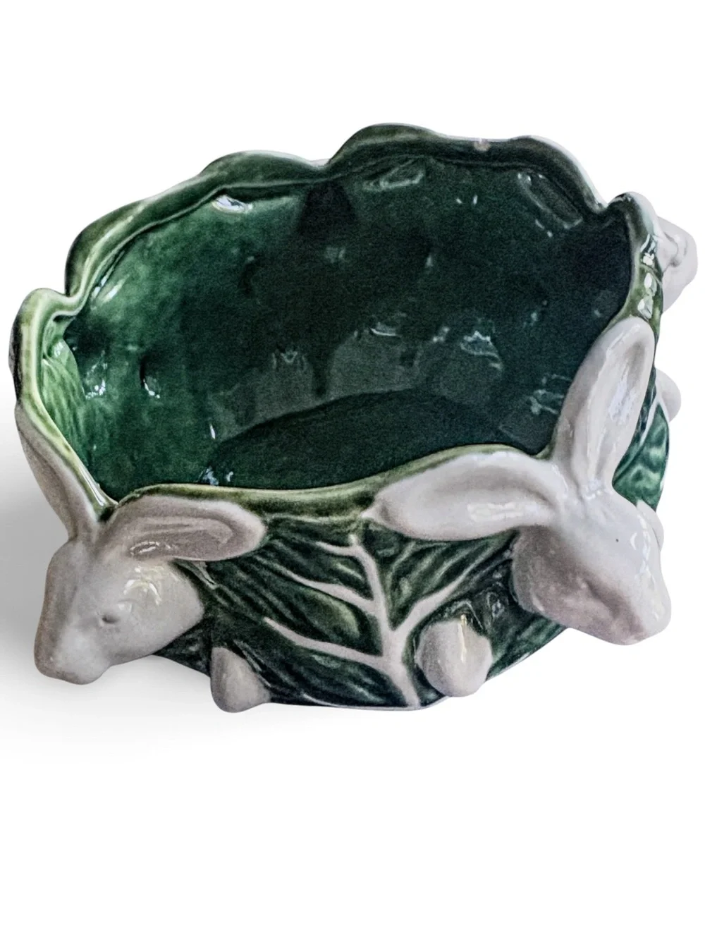 Vintage Maxcera Cabbages Bunny Planter | Green Ceramic Rabbit Cachepot